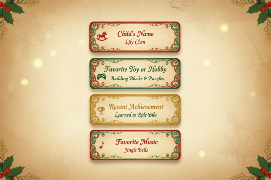 A cozy Christmas-themed webpage section showing a list of child’s details on parchment-style cards. Each card has rounded corners and soft shadows, with warm red, green, and gold accents. Cards labeled “Child’s Name,” “Favorite Toy or Hobby,” “Recent Achievement,” and “Favorite Music” with playful holiday icons (toy controller, trophy, music note). Warm ivory parchment background with subtle holly leaves in the corners, soft candlelight, elegant festive storybook style, matching the style of a Christmas ver