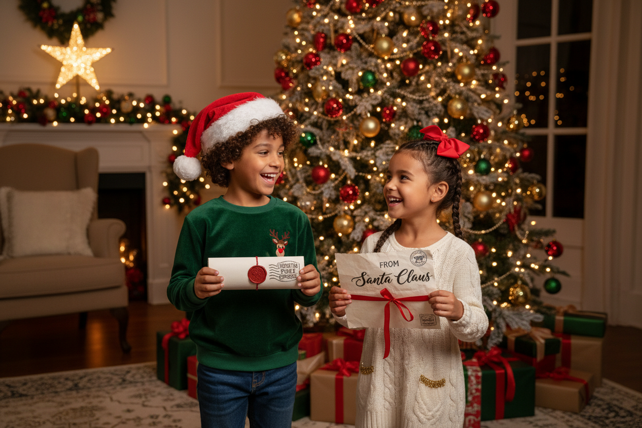 Image of two multicultural kids in front of a christmas tree holding letters from Santa Claus