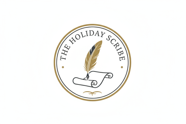 logo for my business "The Holiday Scribe" I'd like it to be an image of a plume and scroll with the name incorporated in a circle. 